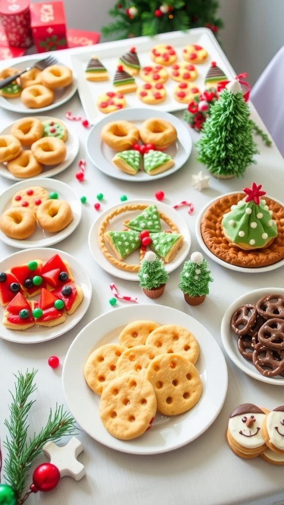 A vibrant display of easy Christmas party food for kids, including pizza bagels, fruit skewers, and decorated cookies.
